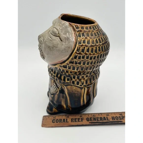 Unique Ceramic Face Planter vase signed Mustache Monk Knight Robe Textured Glaze